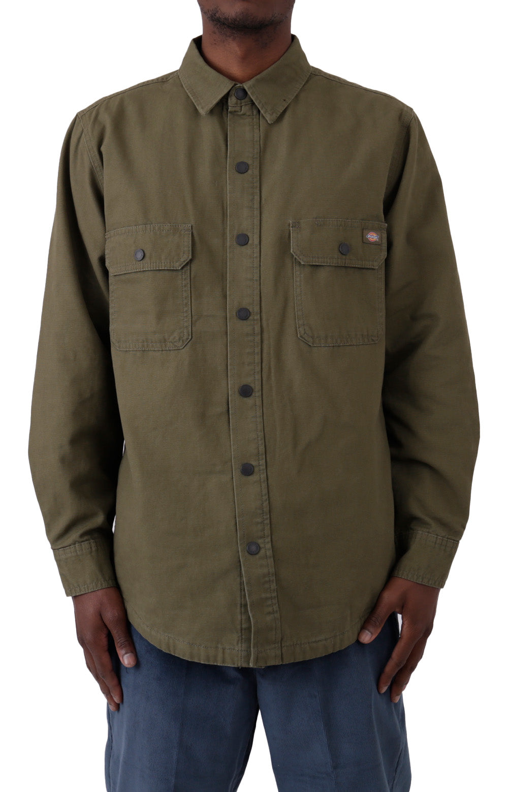 (WL658ML) Duck Flannel Lined Shirt in Military Green, front view, casual outdoor apparel