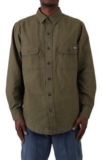 Thumbnail for (WL658ML) Duck Flannel Lined Shirt in Military Green, front view, casual outdoor apparel