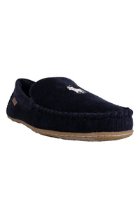 Thumbnail for (SMF6212ARL) Collins Moc Slippers in Navy, featuring cozy fleece lining and durable rubber outsole for indoor and outdoor wear