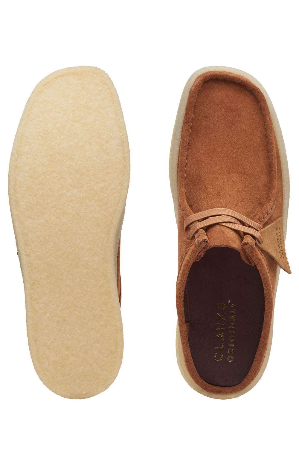 A close-up image of the (26167287) Wallabee Cup Lo in a tan color, showcasing the stylish and comfortable design of the product