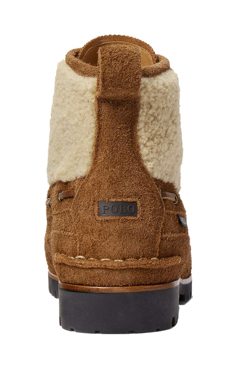 Close-up of Ranger Mid Suede & Faux-Shearling Boots - Teak texture and details