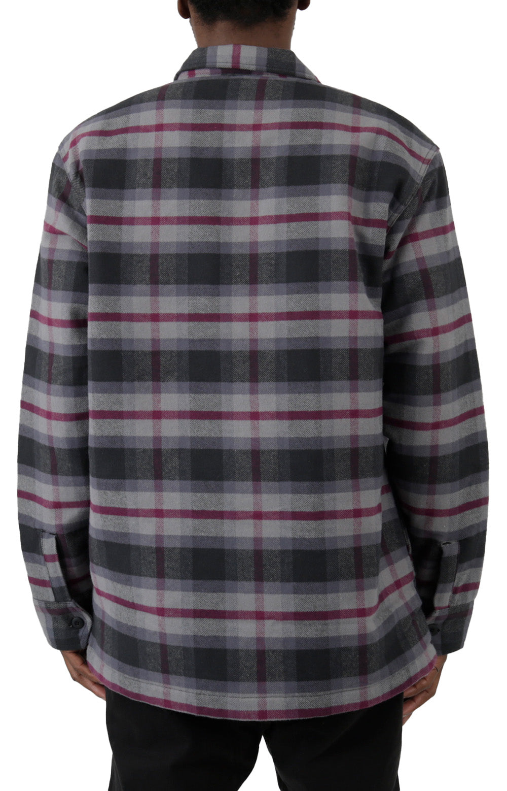 A stylish and versatile Moulton Jacket in black, wine, and grey plaid