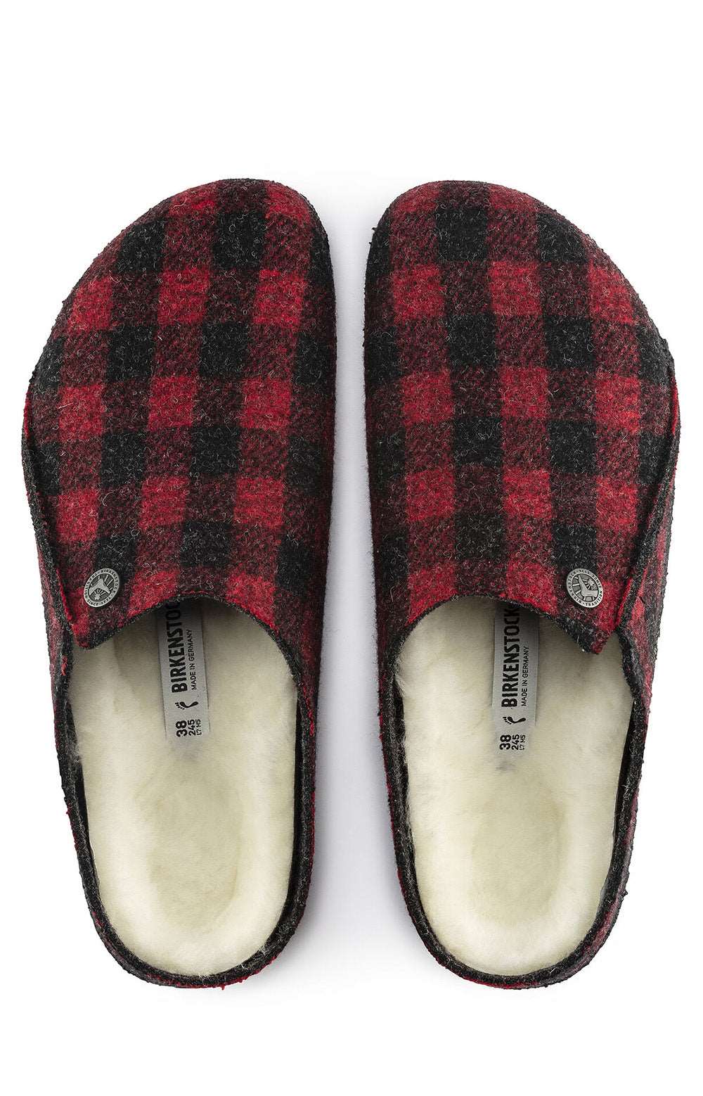  Warm and stylish Zermatt Shearling Wool Felt Slippers in red plaid pattern