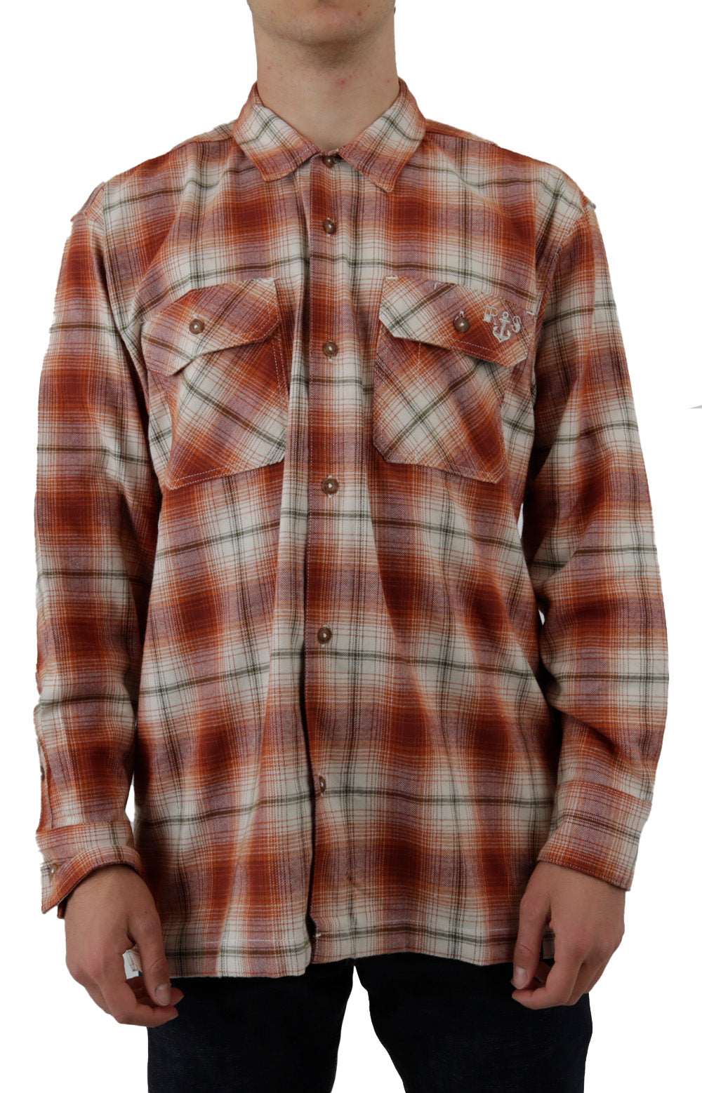 (WLRS2OB2) Ronnie Sandoval Brushed Flannel Shirt in Burnt Ombre Plaid, front view, on model