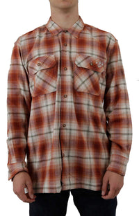 Thumbnail for (WLRS2OB2) Ronnie Sandoval Brushed Flannel Shirt in Burnt Ombre Plaid, front view, on model