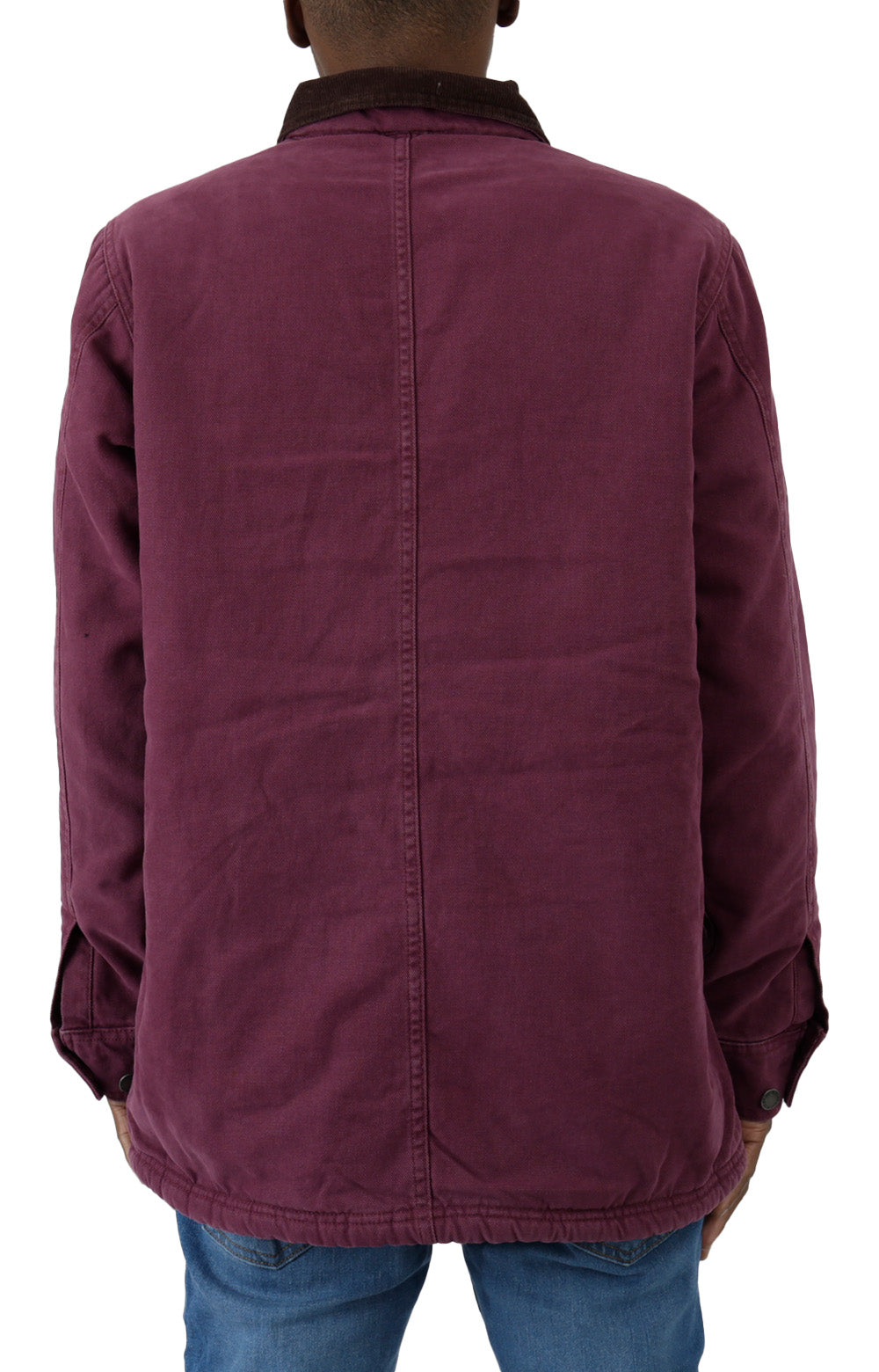 (TCR04SRW) Stonewashed Duck Lined Chore Coat in Stonewashed Grape Wine color, front view with button closure and multiple pockets 