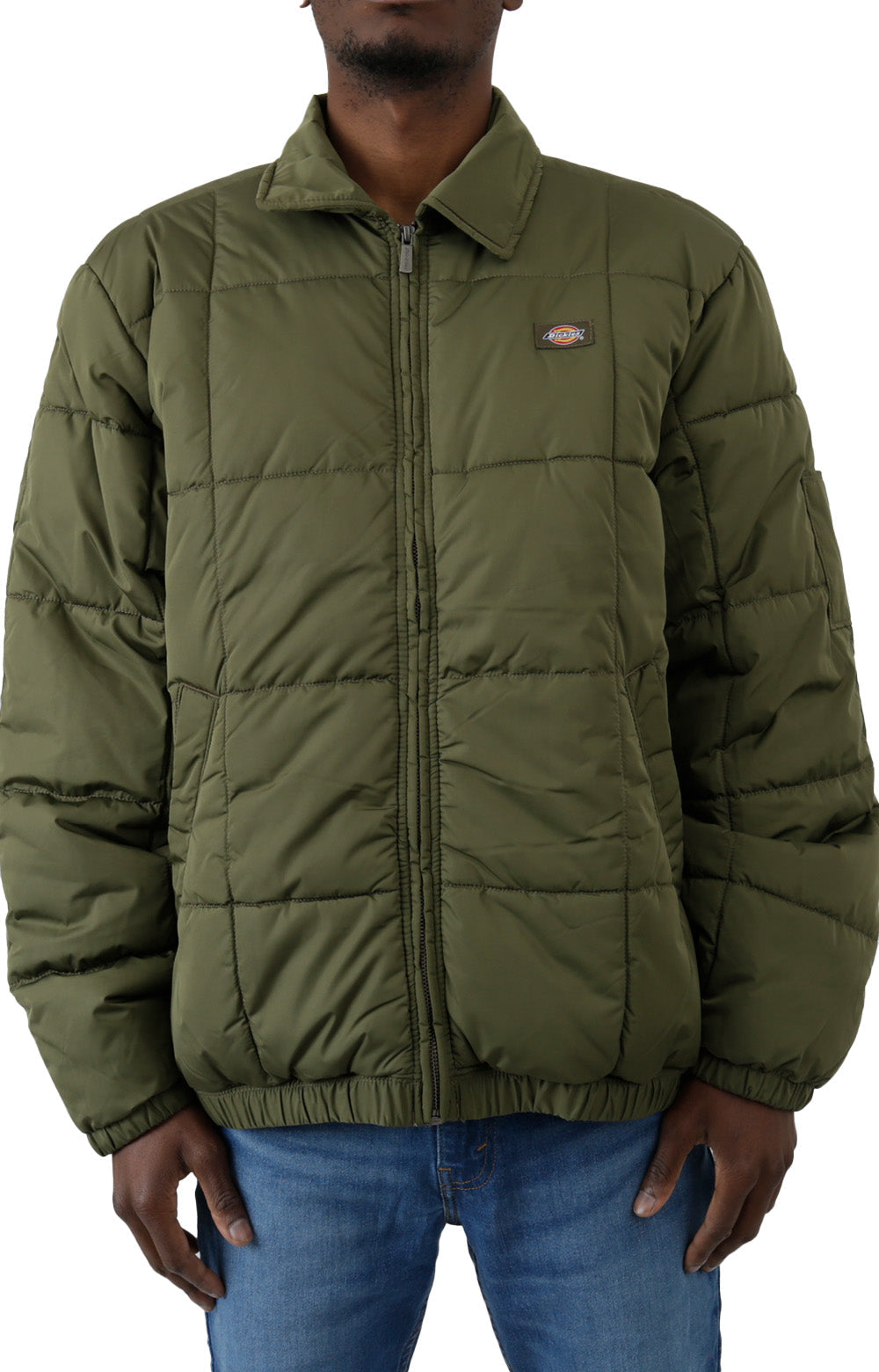 (Eisenhower Puffer Jacket in Military Green with Full-Zip Closure and Hood)