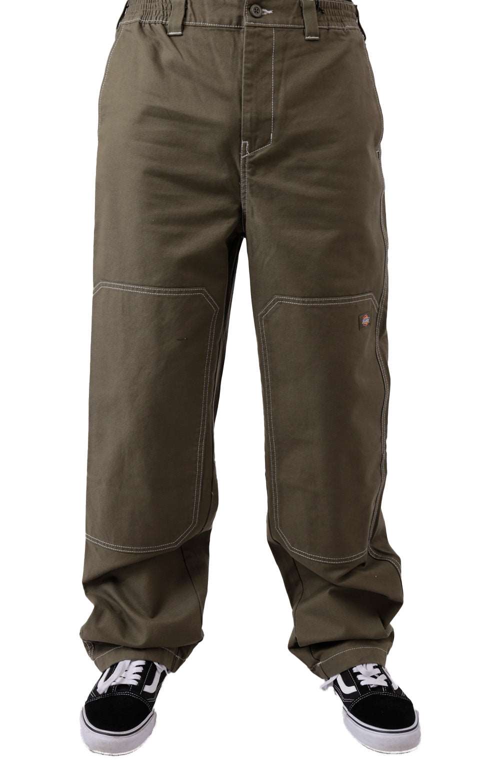 (WPR23ML) Rainsville Pant in Military Green, front view, styled with boots and a black sweater