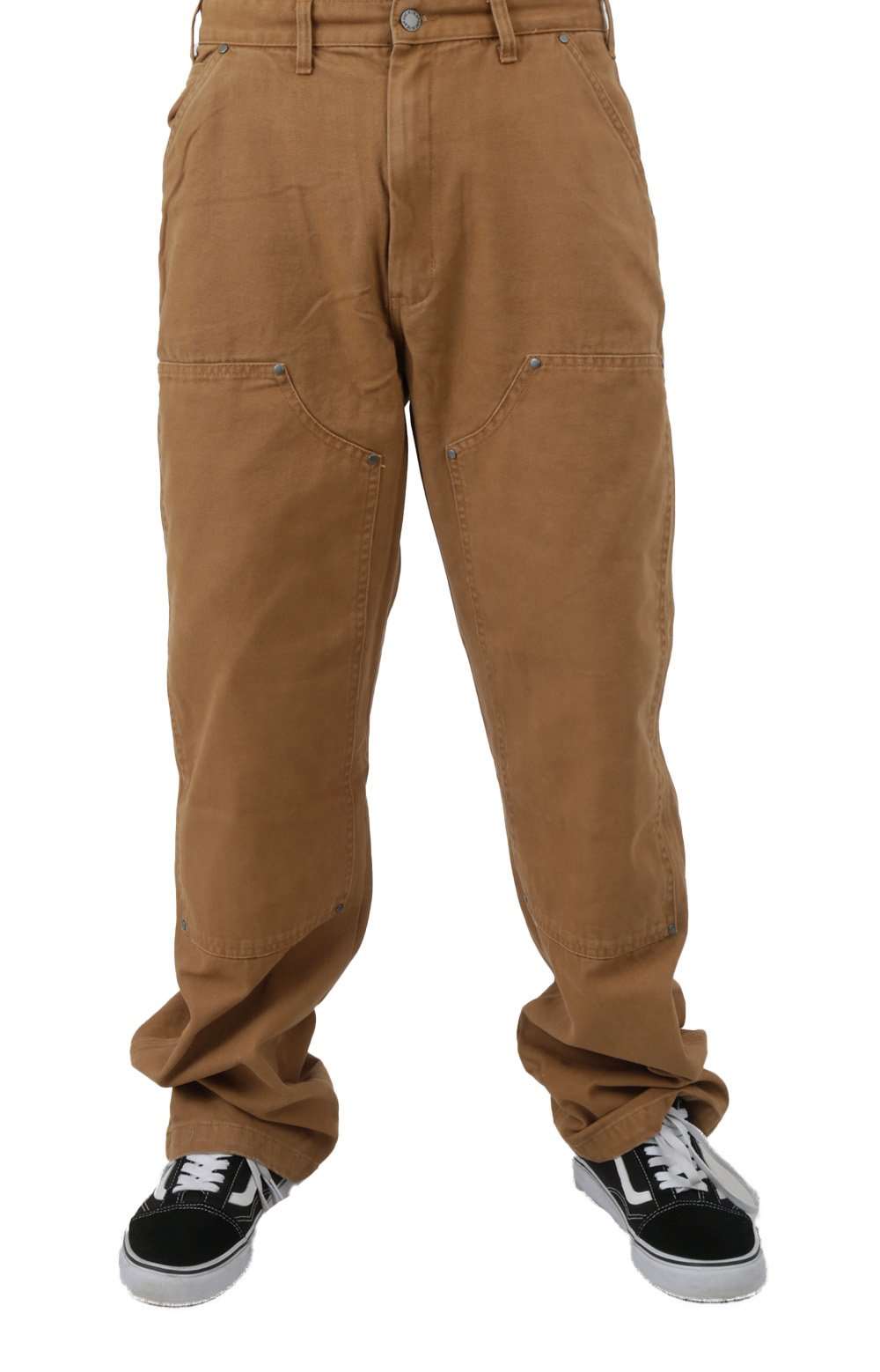 Stonewashed brown duck double front pants for durable outdoor workwear