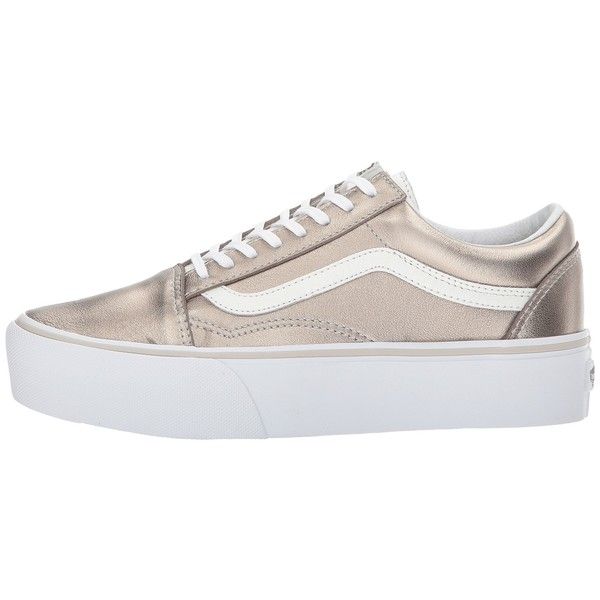 Pair of gray and gold Old Skool platform shoes with true white accents on a white background