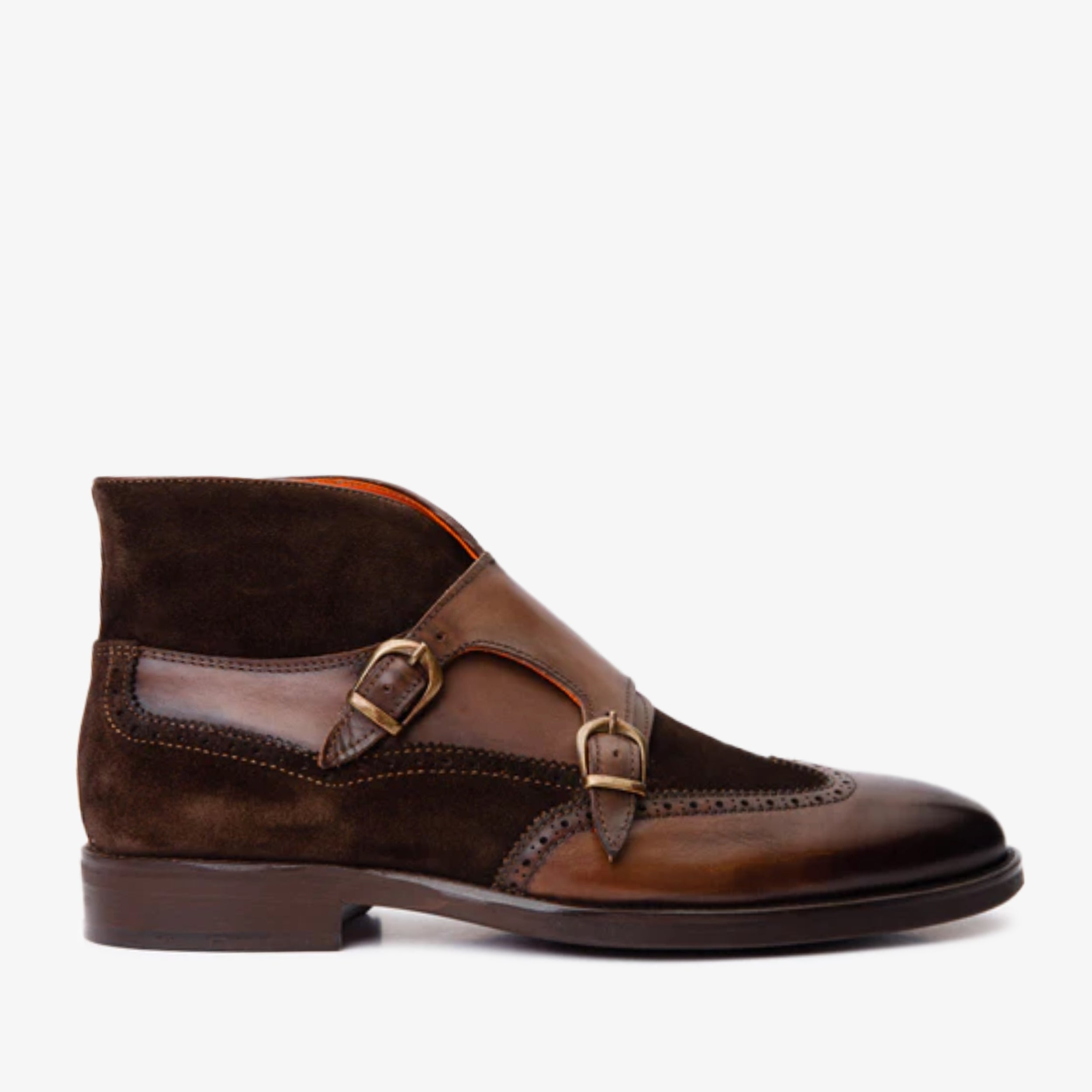 Vinci Leather Shoes The Albus Brown Leather & Suede Double Strap Monk Brogue Men Boot