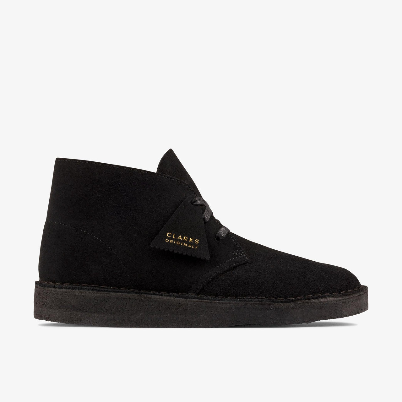 A close-up image of the stylish and comfortable Men's Clarks Desert Coal shoes in black suede