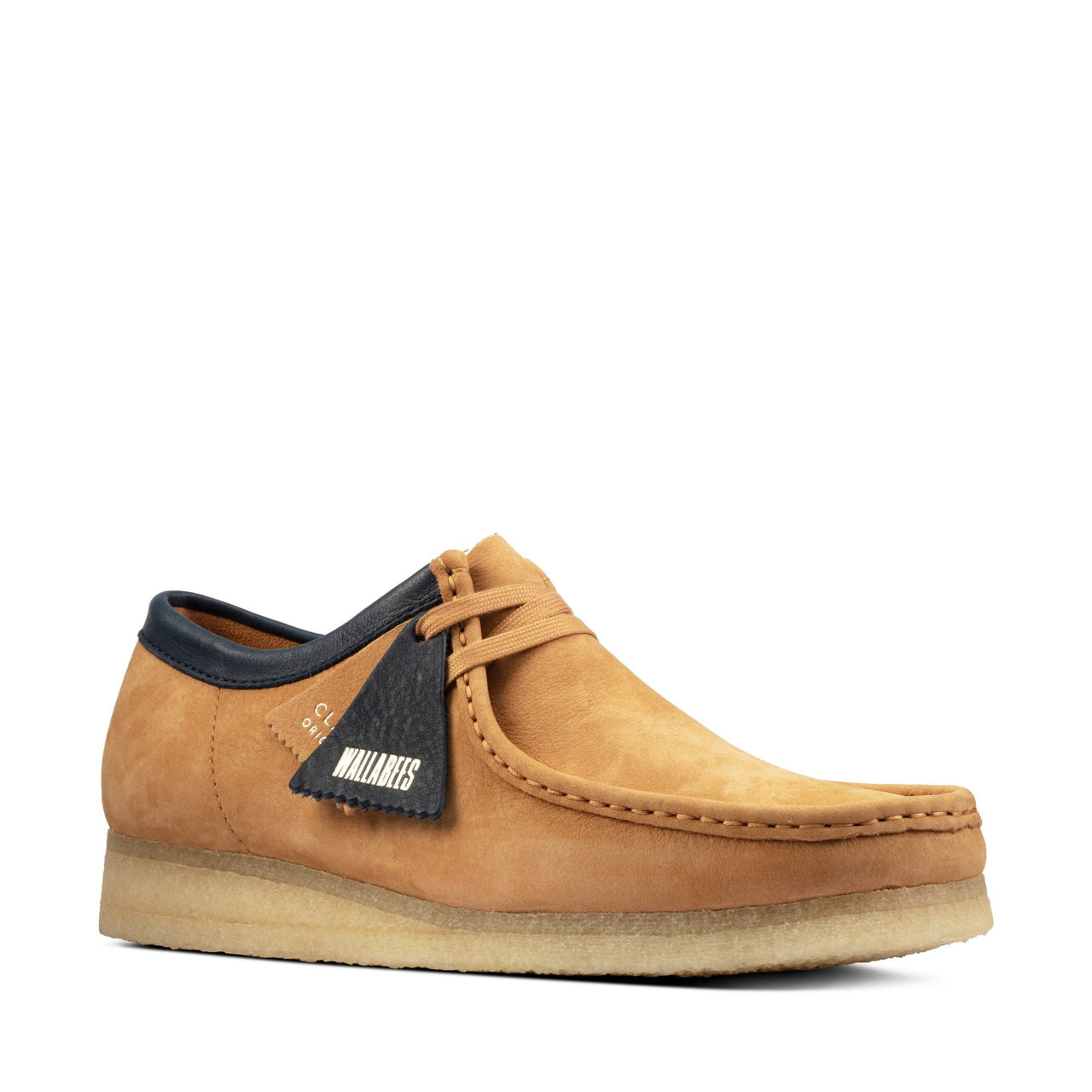 Close-up of MENS CLARKS WALLABEE shoes in sand suede