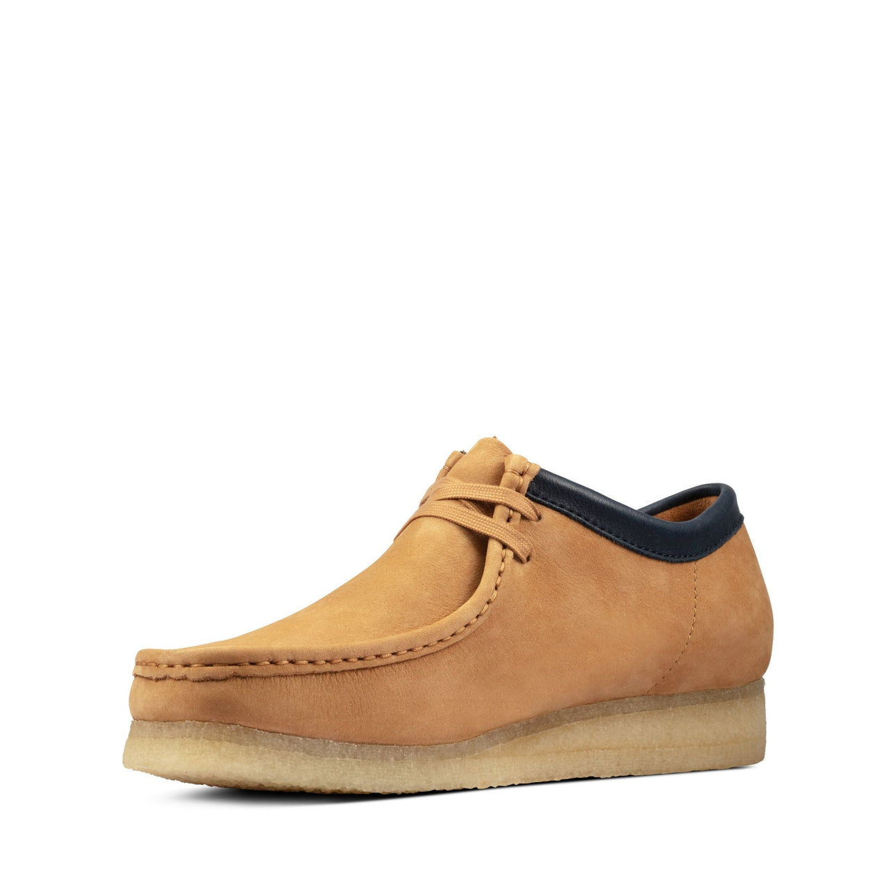 Close-up of MENS CLARKS WALLABEE shoes showing stitching and details