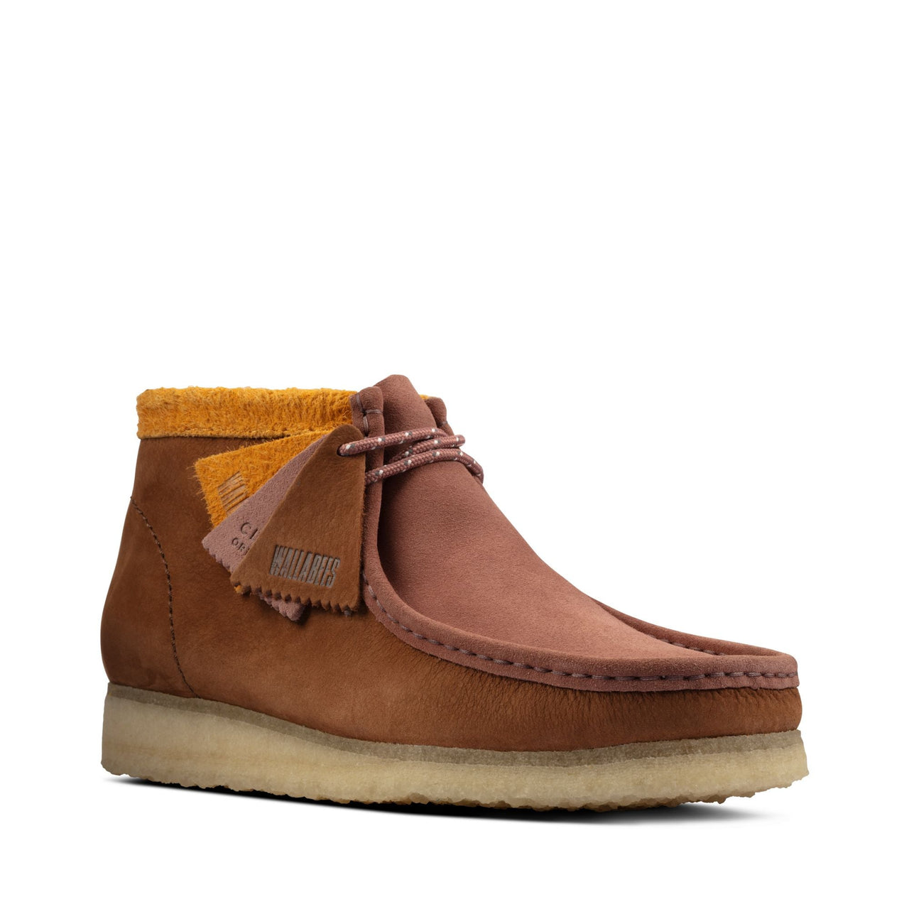 A pair of stylish and durable men's Clarks Wallabee boots in a rich, earthy color