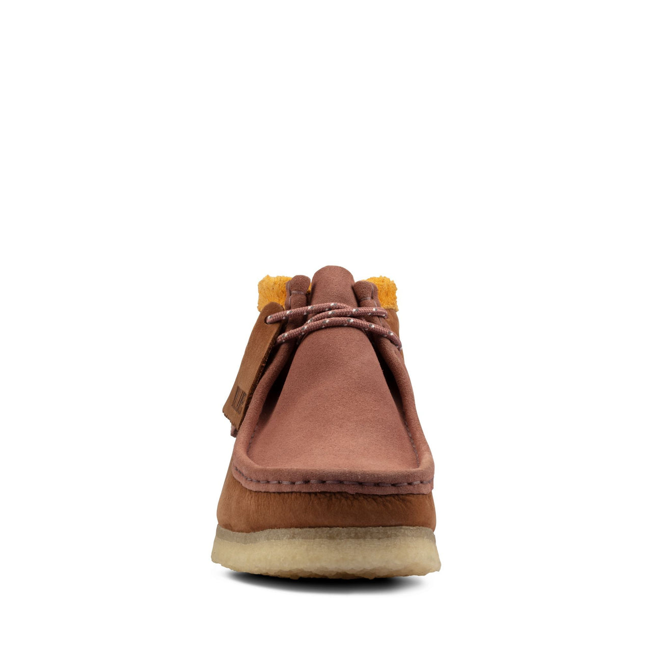 A close-up image of the [26163074] MENS CLARKS WALLABEE BOOT in brown suede, featuring a moccasin-inspired silhouette and sturdy crepe sole