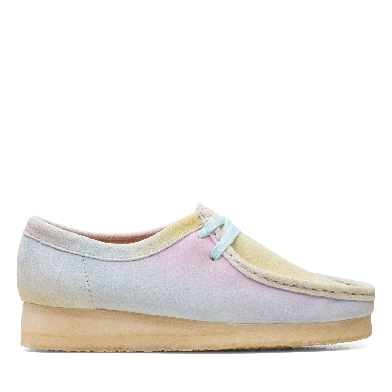 ###
A close-up image of the womens Clarks Wallabee in beige suede material 