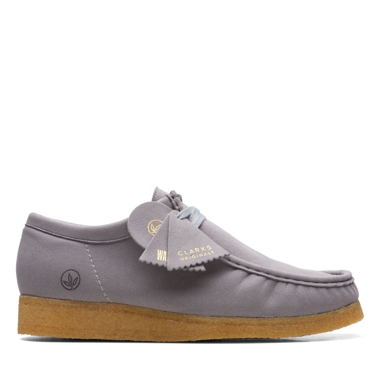 [26165991] MENS CLARKS WALLABEE in beige suede, front view showing signature crepe sole and moccasin-style design