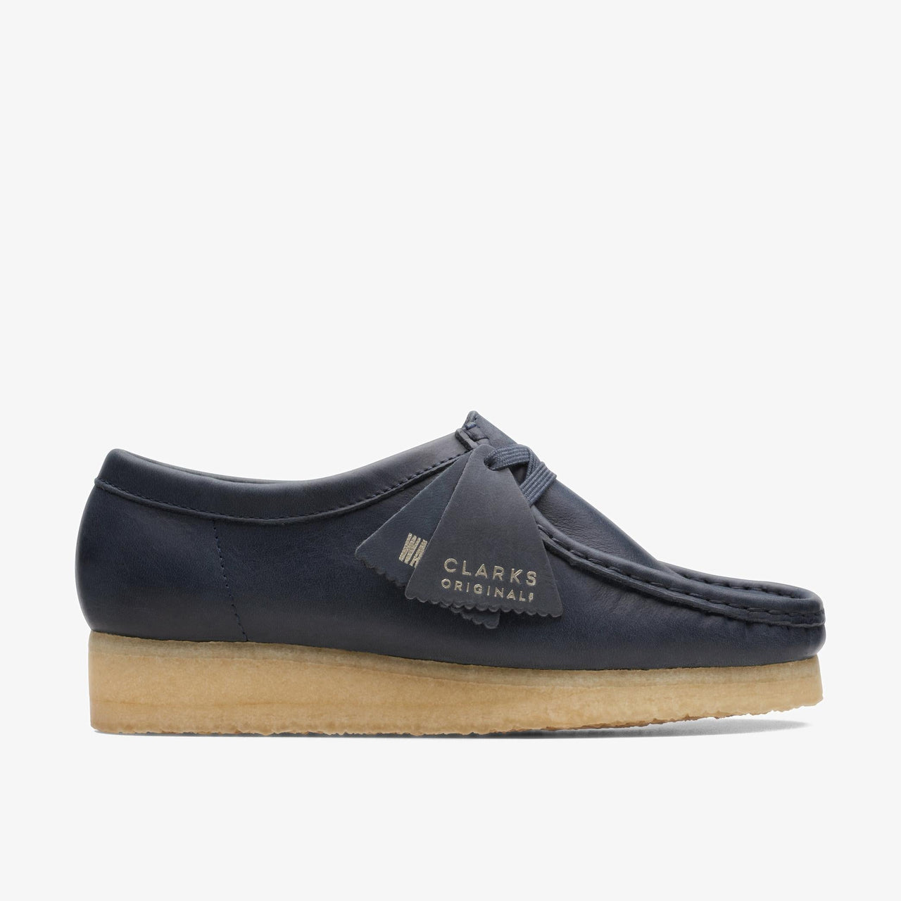 Womens Clarks Wallabee in Navy Leather, front view, on white background