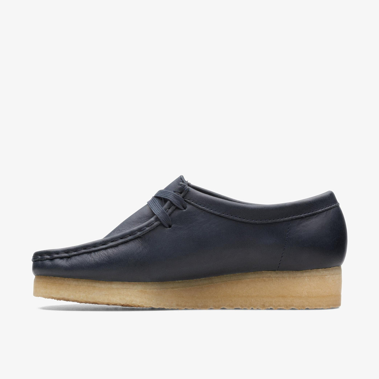 Close-up of the high-quality navy leather material used in Womens Clarks Wallabee