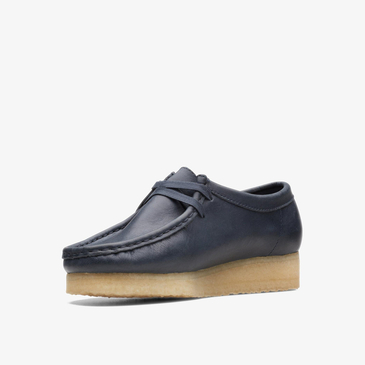 Womens Clarks Wallabee in Navy Leather, styled with casual outfit for everyday wear