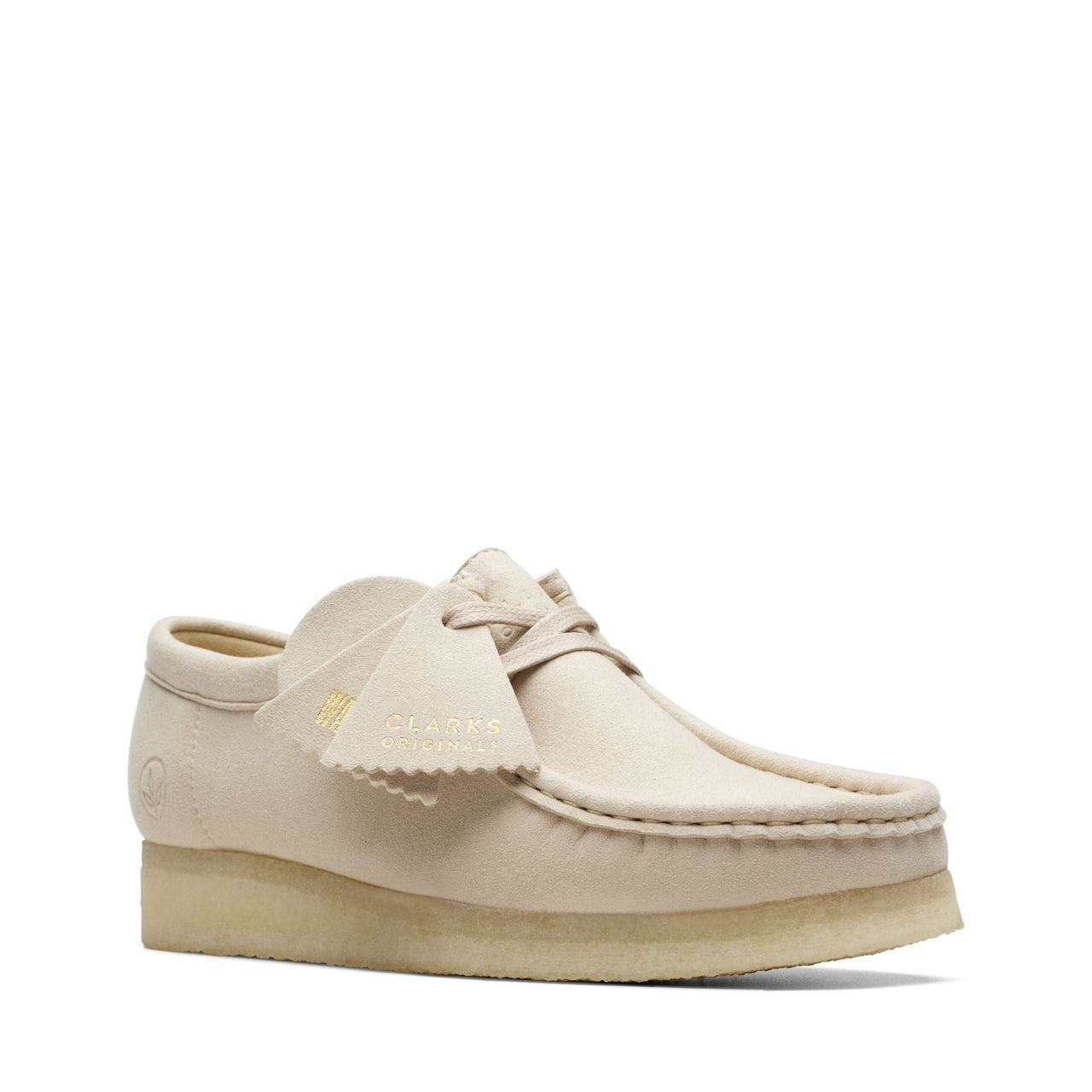 WOMENS CLARKS WALLABEE in tan suede with crepe sole and lace-up detail