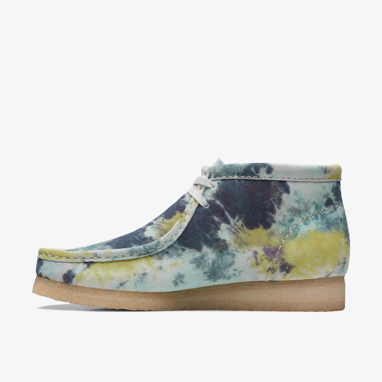 Pair of Mens Clarks Wallabee Boots in Turquoise Tiedye, side view