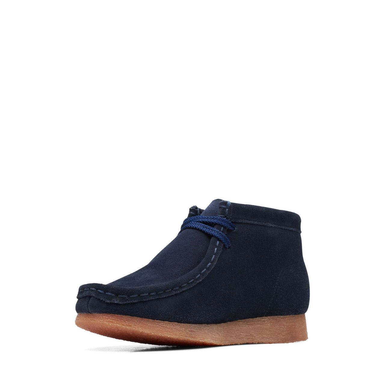 Kids Clarks WallabeeBooto featuring moccasin toe stitching and soft suede lining