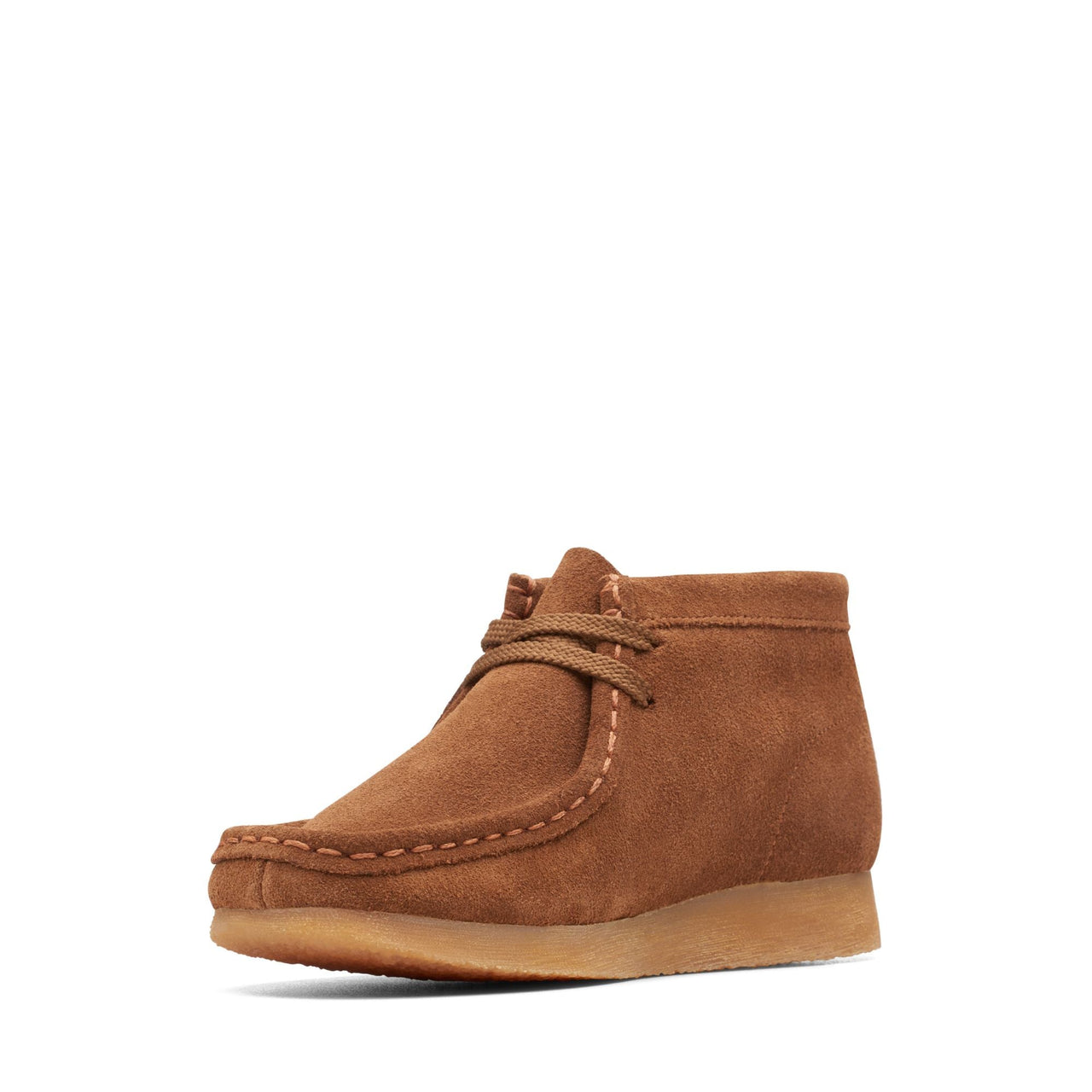 Side view of Kids Clarks Wallabeebooto with cushioned ankle collar