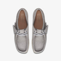 Thumbnail for Close-up of women's Clarks Wallabee shoes in grey nubuck material