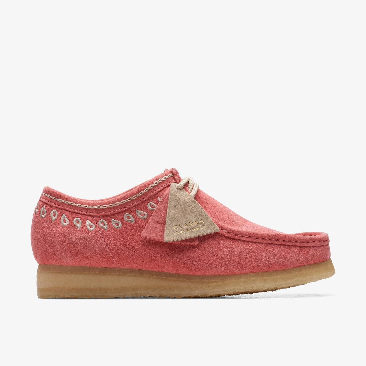 Mens CLARKS WALLABEE - PINK EMBROIDERY shoe with classic moccasin styling