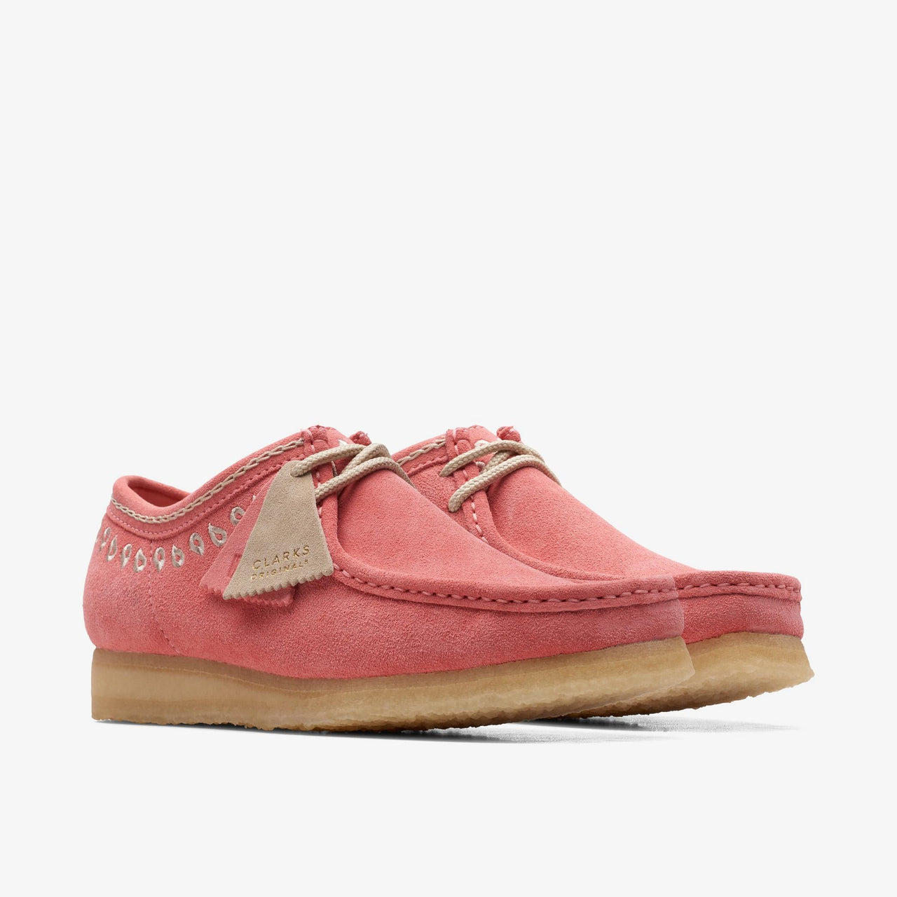 Stylish mens CLARKS WALLABEE - PINK EMBROIDERY shoe with intricate embroidery