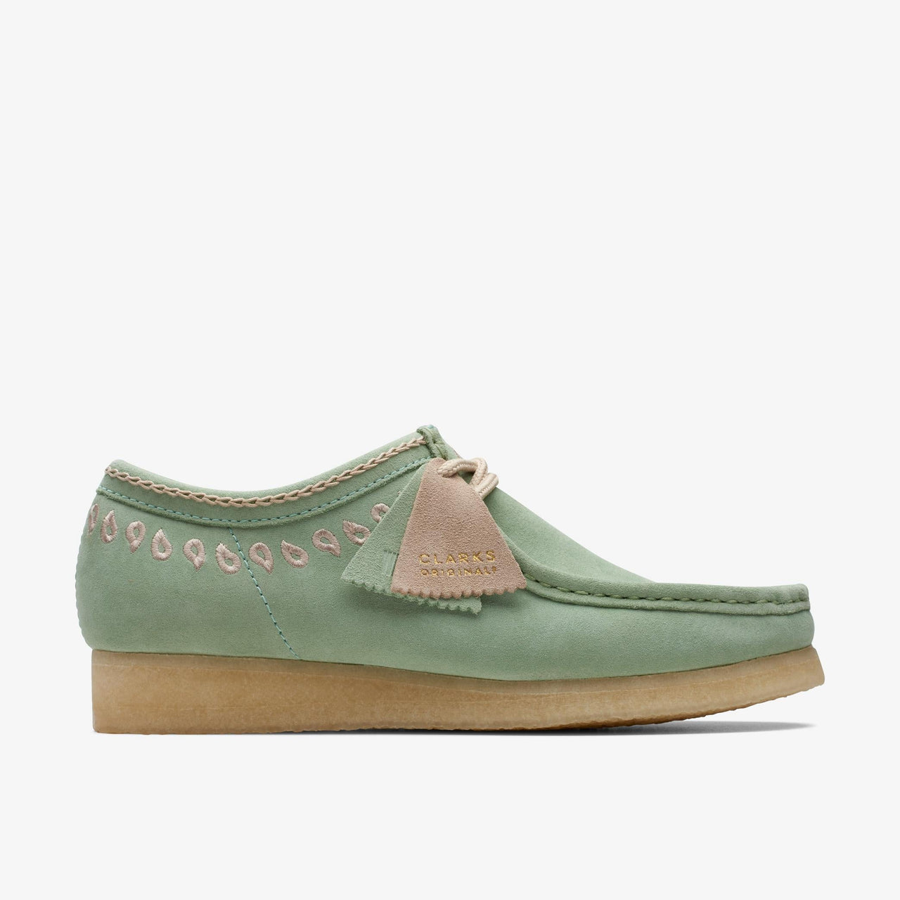 Mens Clarks Wallabee in Green with Detailed Embroidery