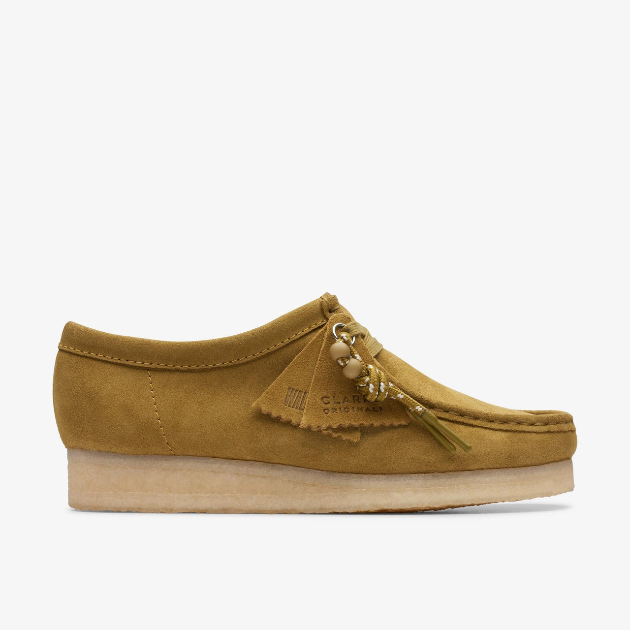 Womens Clarks Wallabee shoe in mid green suede, side view