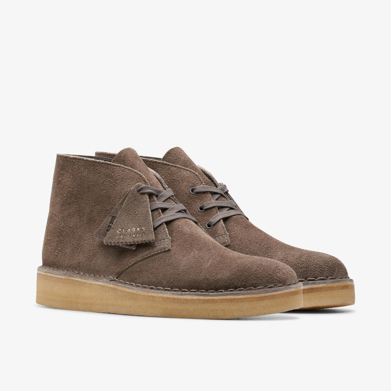 Classic mens Clarks Desert Coal brown suede boots with iconic design