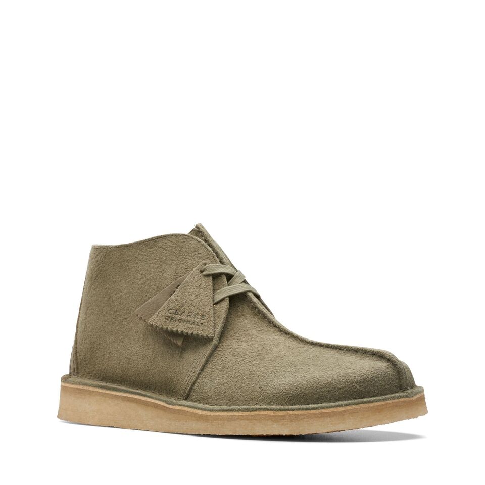  Close-up of the durable forest green suede material of Clarks Originals Desert Trek Hi 50 Men's shoes