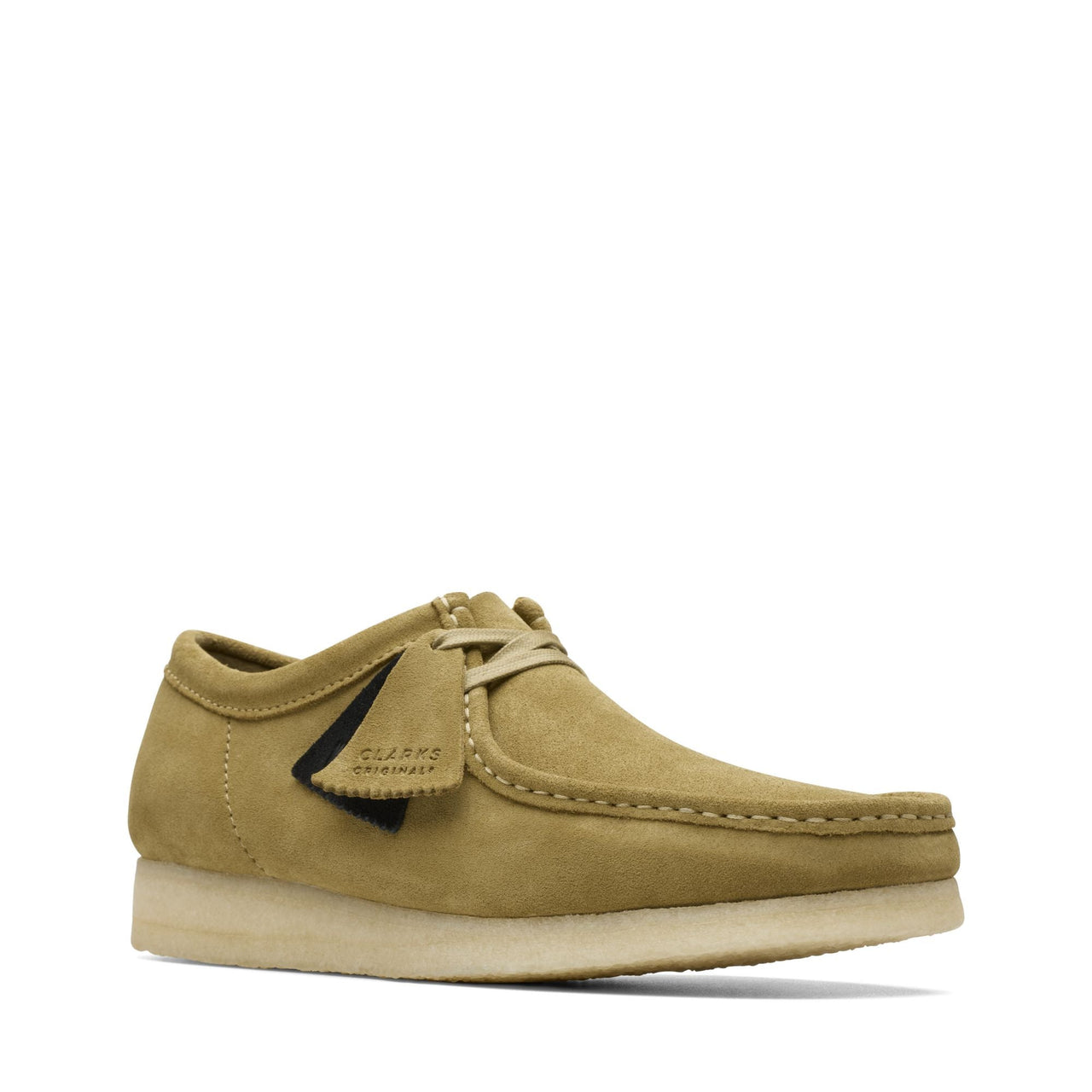 A close-up of the iconic [26173640] MENS CLARKS WALLABEE shoe in sand suede, featuring a signature moccasin construction and crepe sole