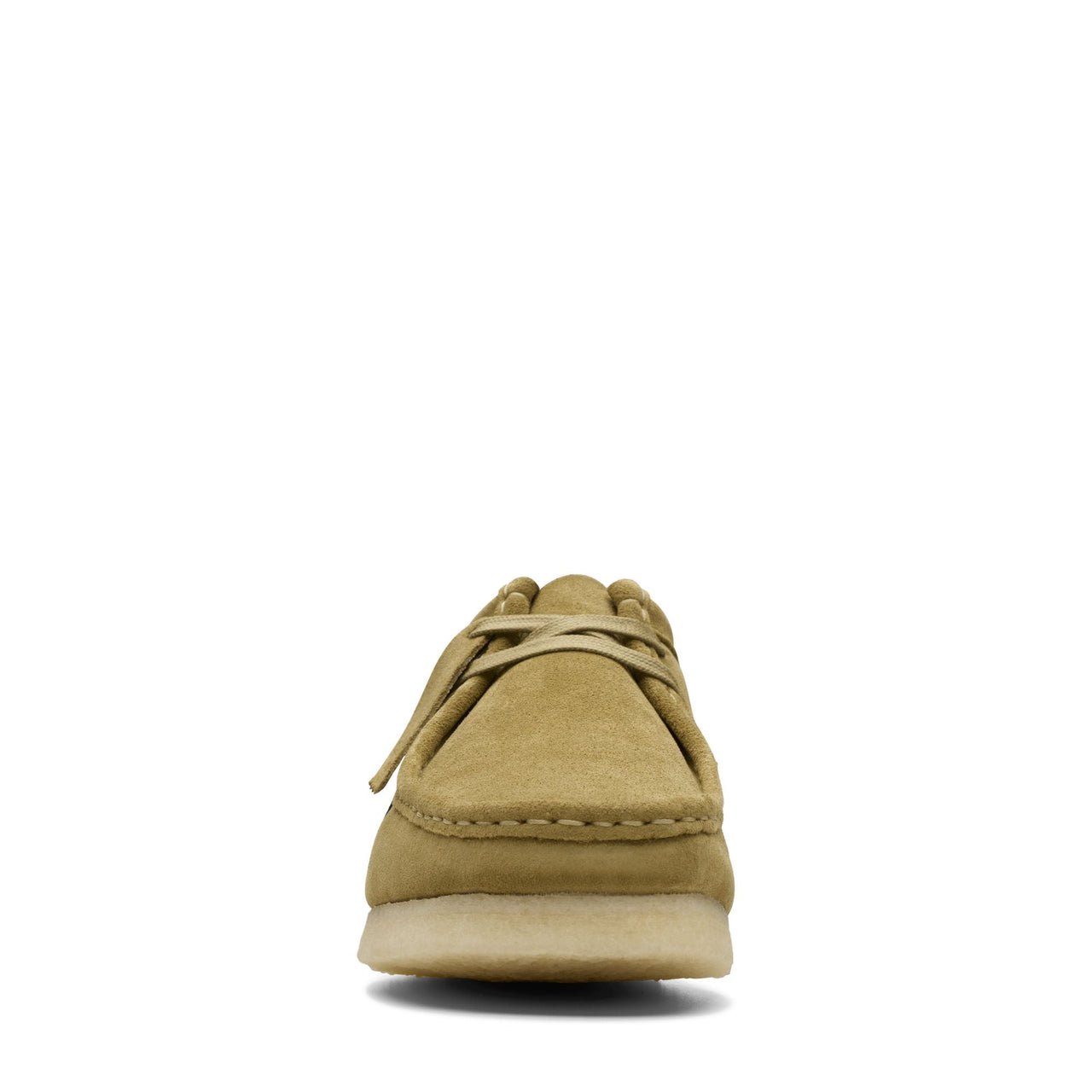 A close-up image of the classic men's Clarks Wallabee shoe in brown suede