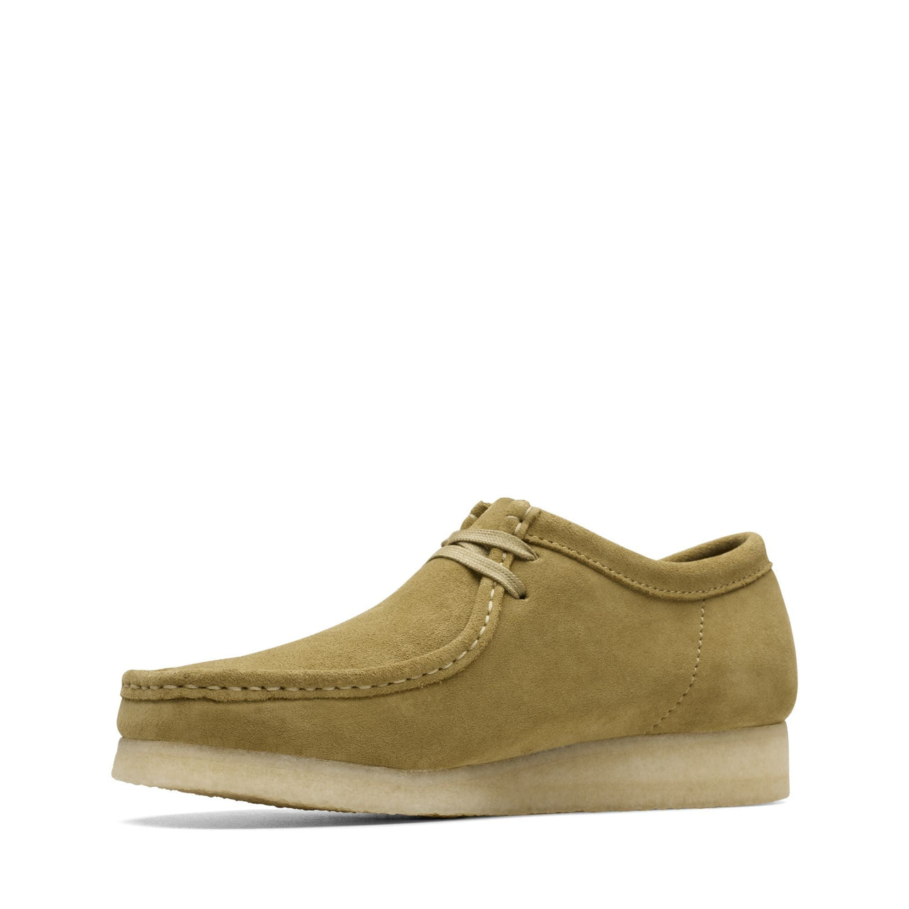 A pair of men's Clarks Wallabee shoes in tan suede