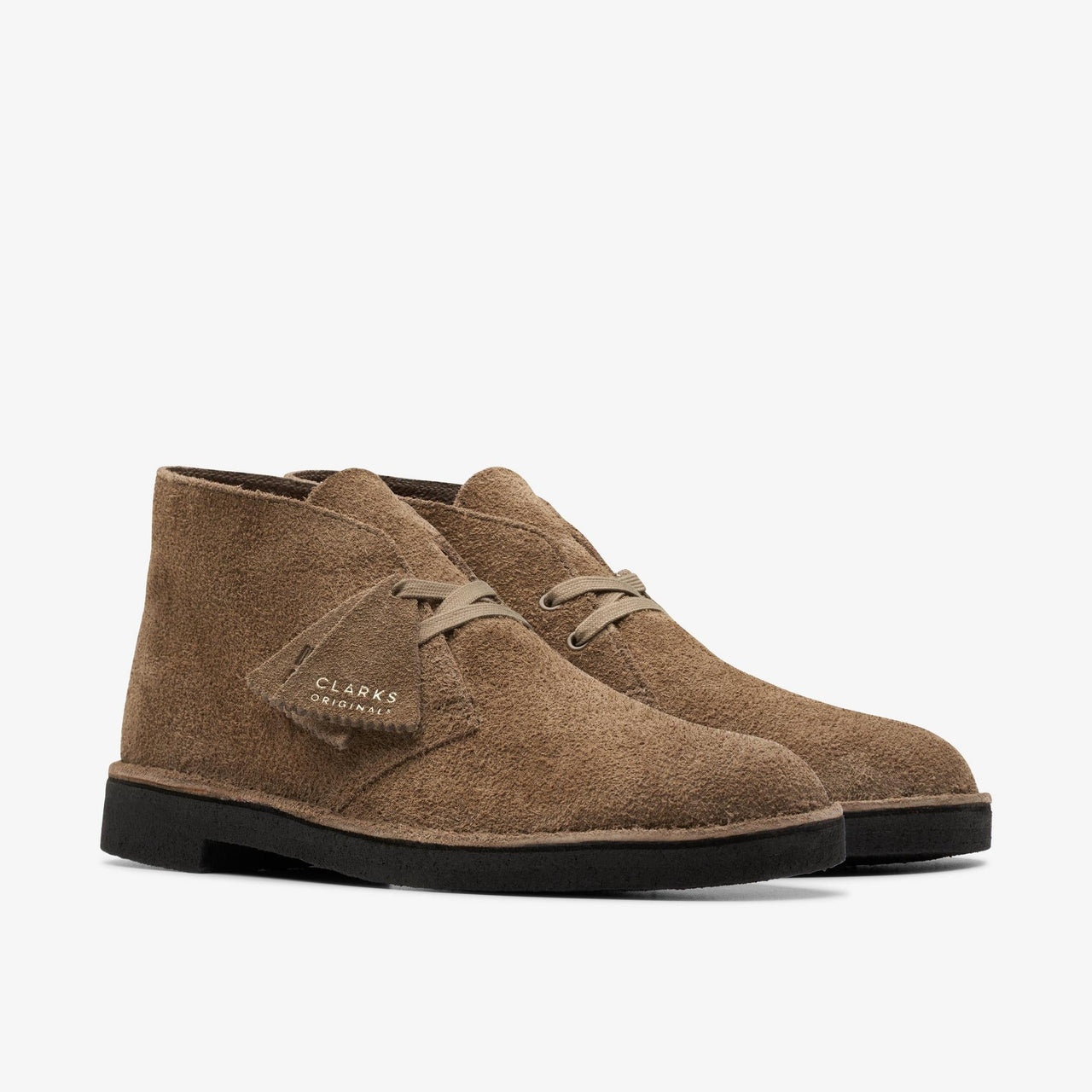  Stylish mens Clarks Desert Boot in dark grey suede, angled view 