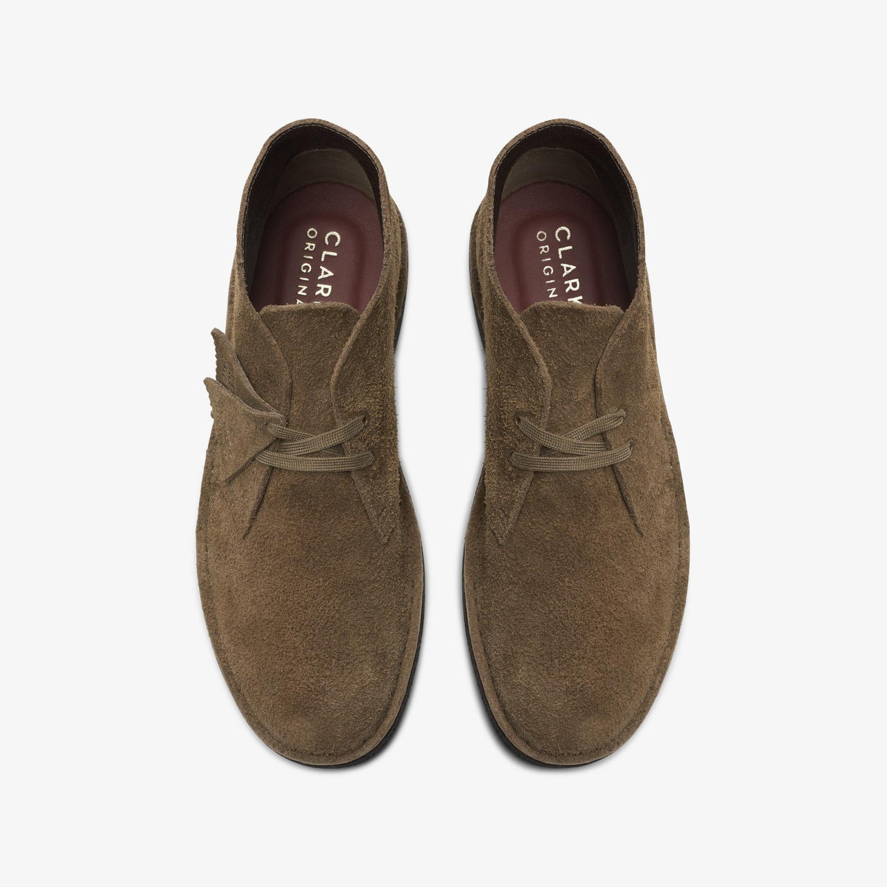  Pair of mens Clarks Desert Boots in dark grey suede, one laid on top of the other