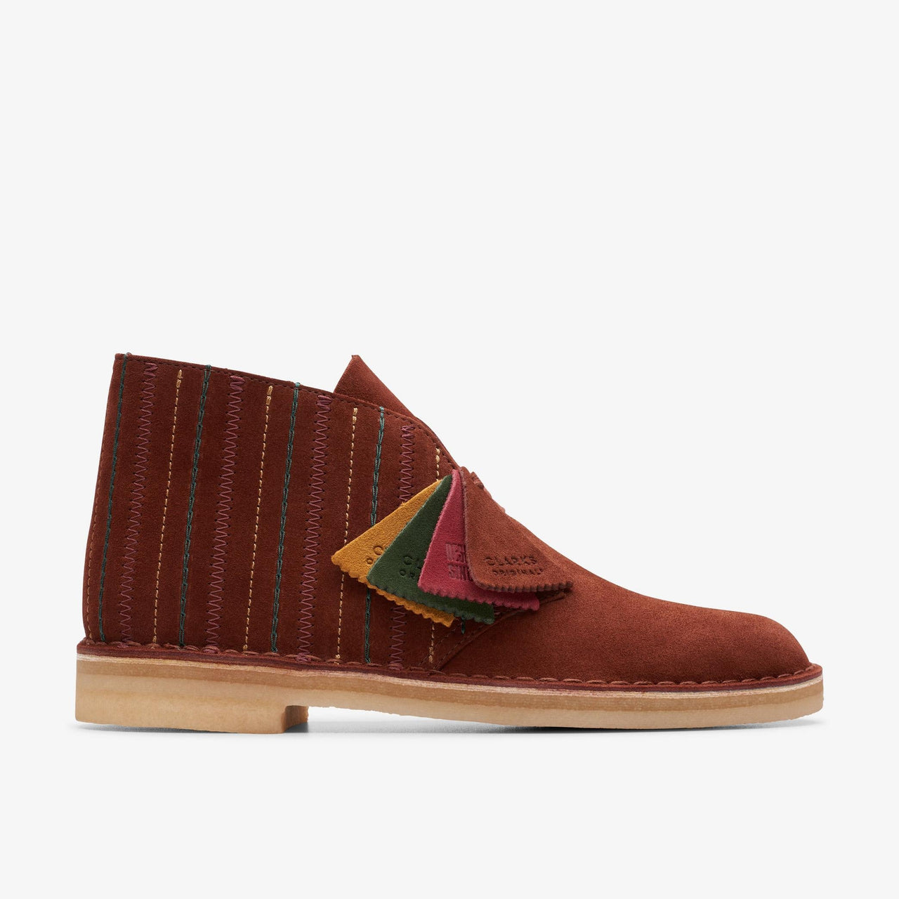 Mens Clarks Desert Boot in Rust Brown Suede on White Background