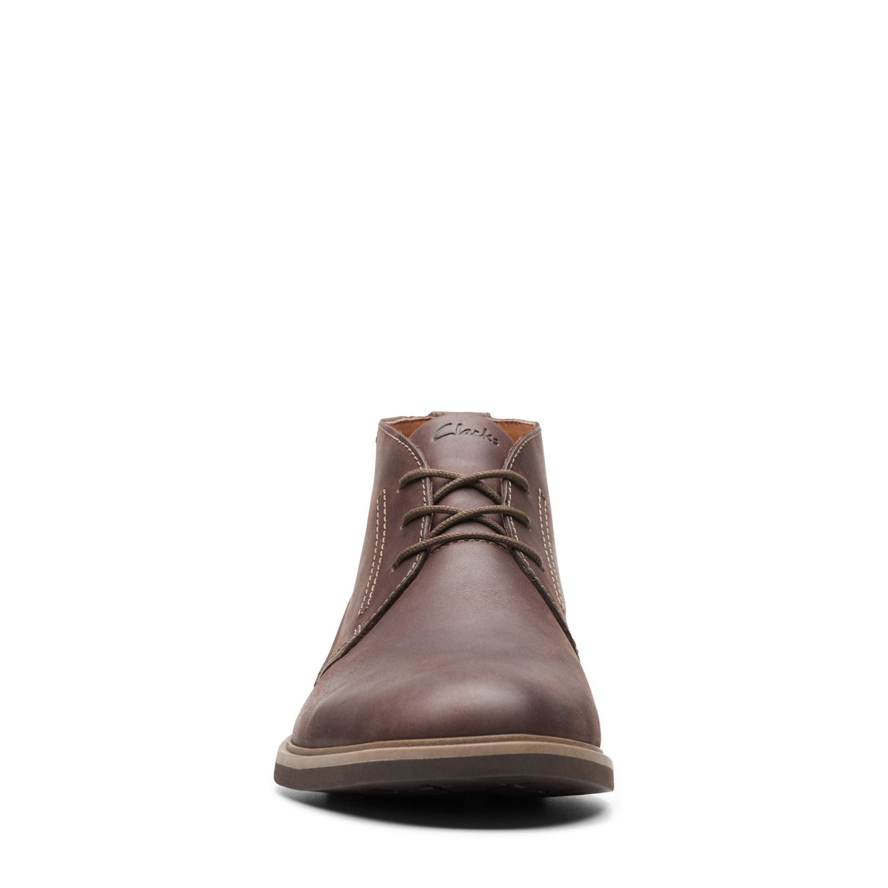 A close-up image of the [26174662] MENS CLARKS MALWOOD TOP leather shoes in brown, showcasing the intricate stitching and sturdy rubber sole