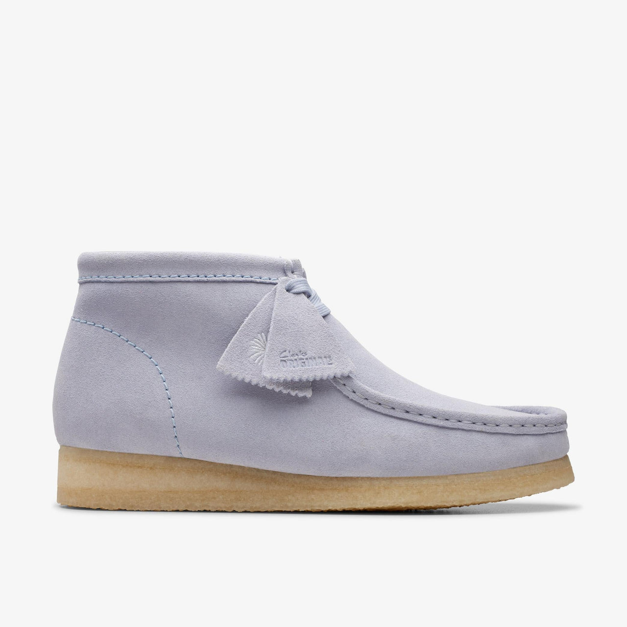 A pair of men's Clarks Wallabee boots in cloud grey suede, featuring a classic moccasin construction and a comfortable, crepe sole