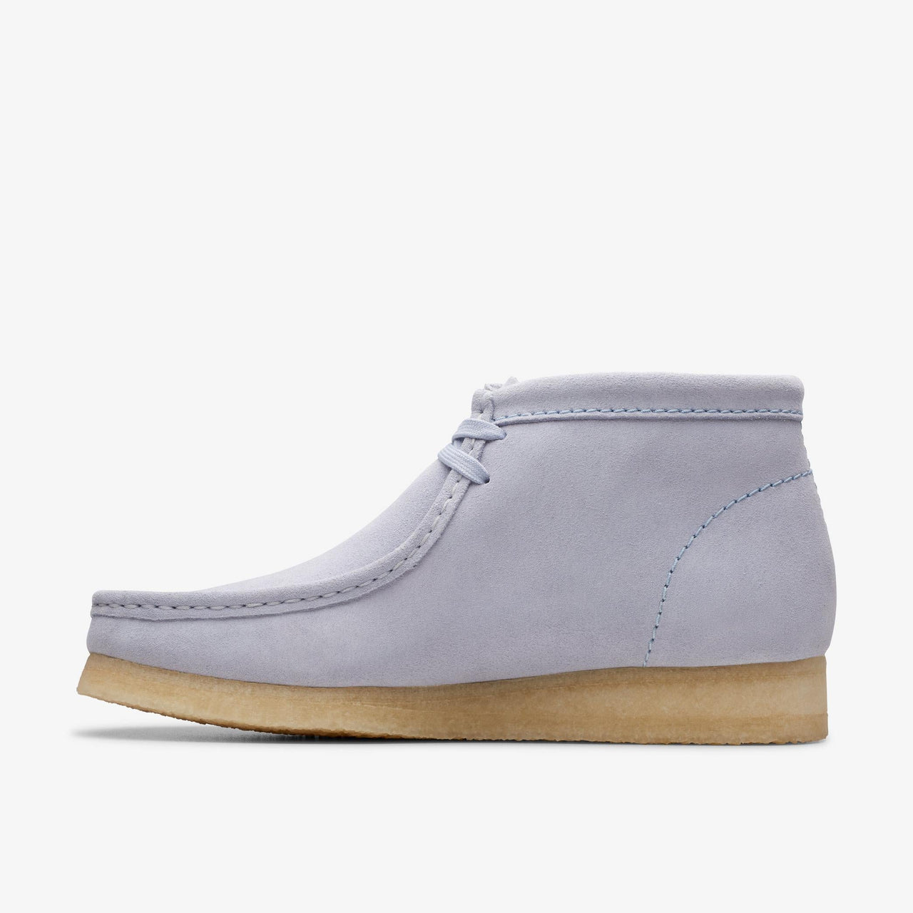 A close-up image of the Mens Clarks Wallabee Boot in Cloud Grey Suede, showcasing its stylish design and high-quality craftsmanship