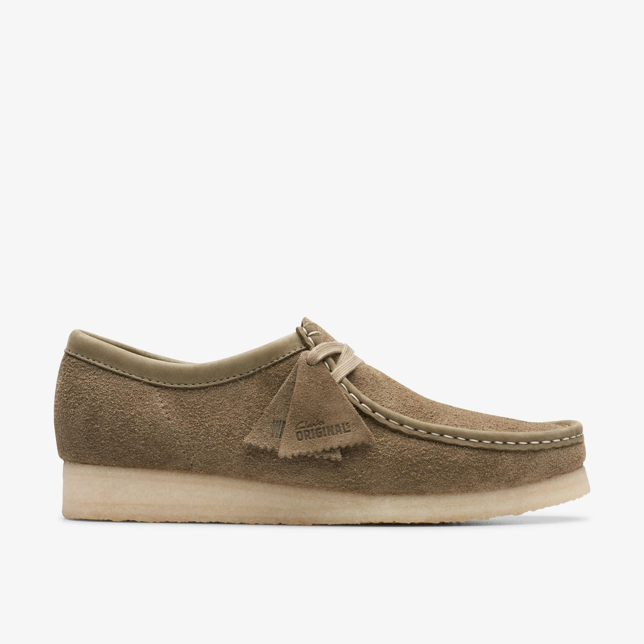 Mens Clarks Wallabee in Pale Khaki Suede, front view with laces 