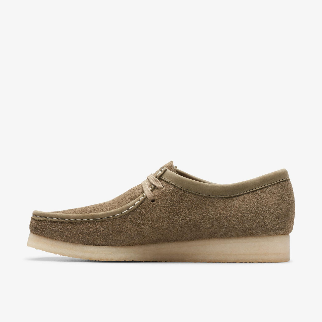  Mens Clarks Wallabee in Pale Khaki Suede, side view showing stitching 