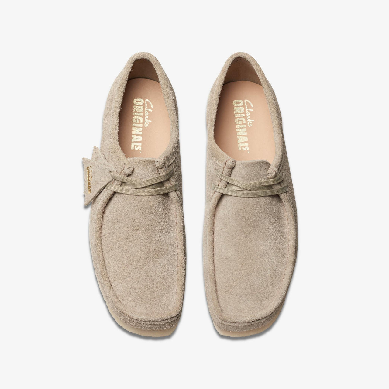 Classic mens' Clarks Wallabee shoes in pale grey for everyday wear