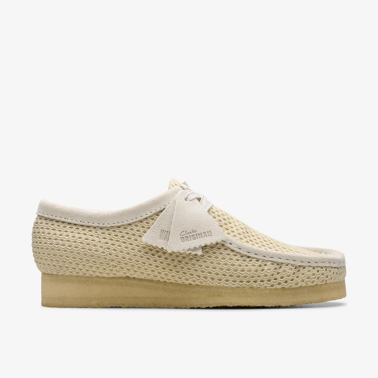 Mens Clarks Wallabee Shoes in Off White Mesh, Front View