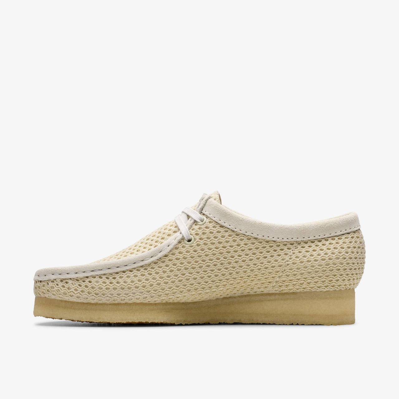 Close-up of Mens Clarks Wallabee - Off White Mesh